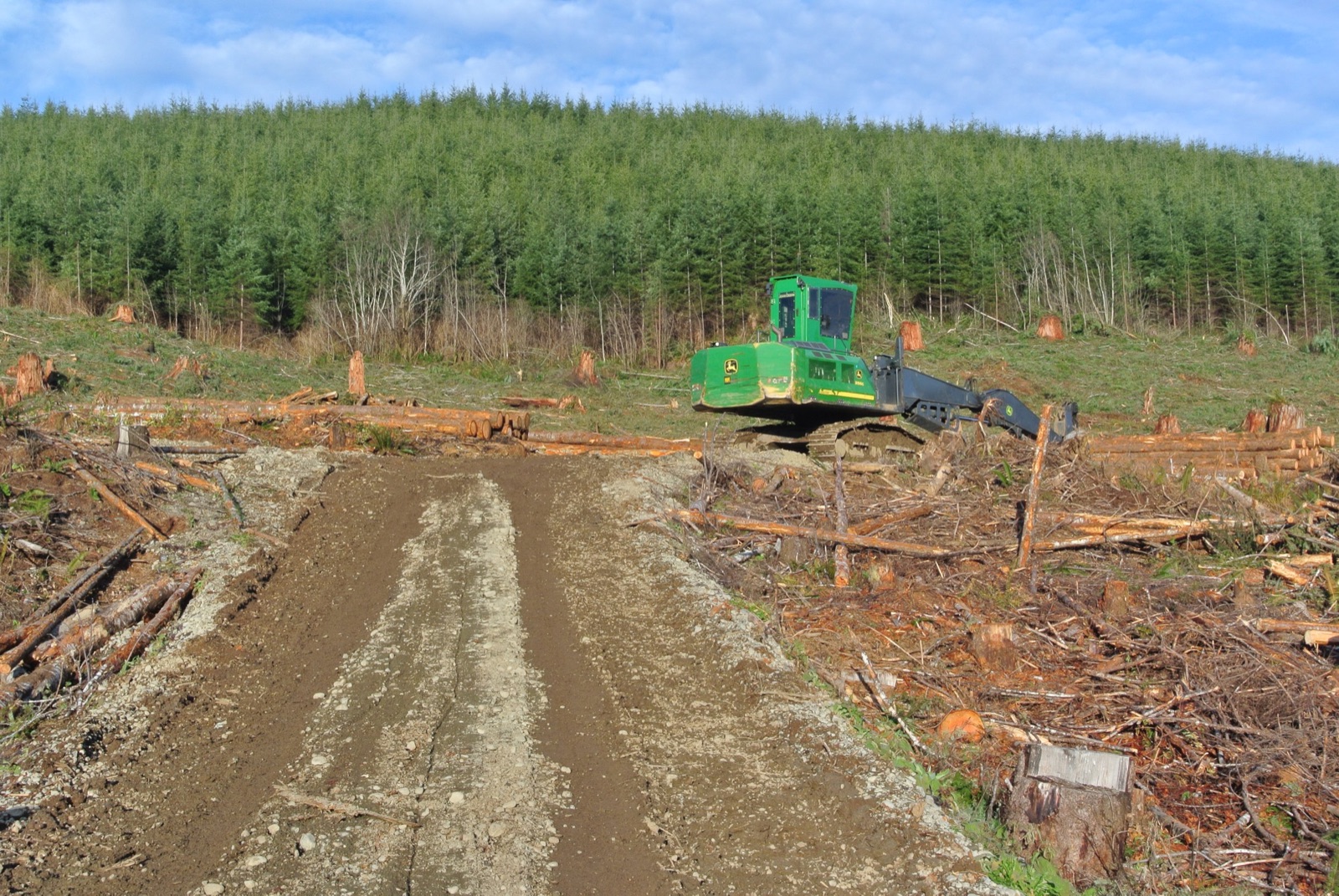 Logging machine on a cleared hillside, with a dirt road and slash in the foreground